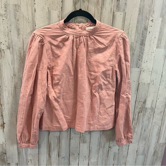 Cloth & Stone Linen Blend Top Pink High Neck Career Popover Long Sleeve - Picture 1 of 7